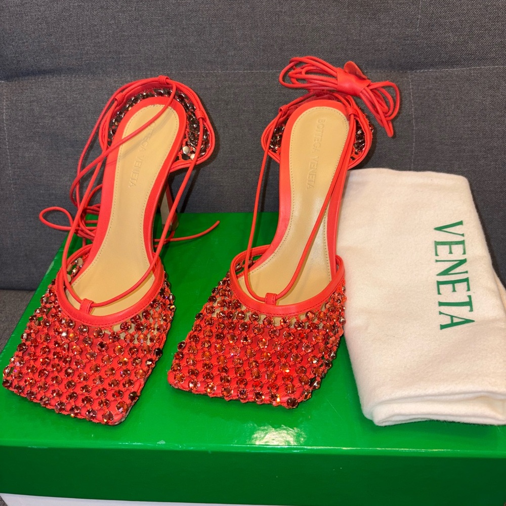 Sold-Bottega Veneta Nappa Crystal Red/orange Woven Heels